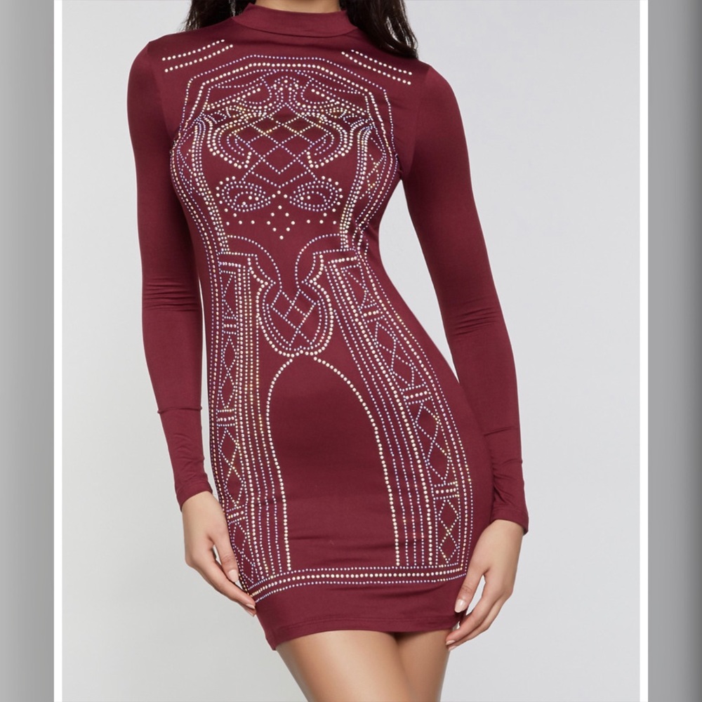 Burgundy Rhinestone Studded Mock Neck Dress.